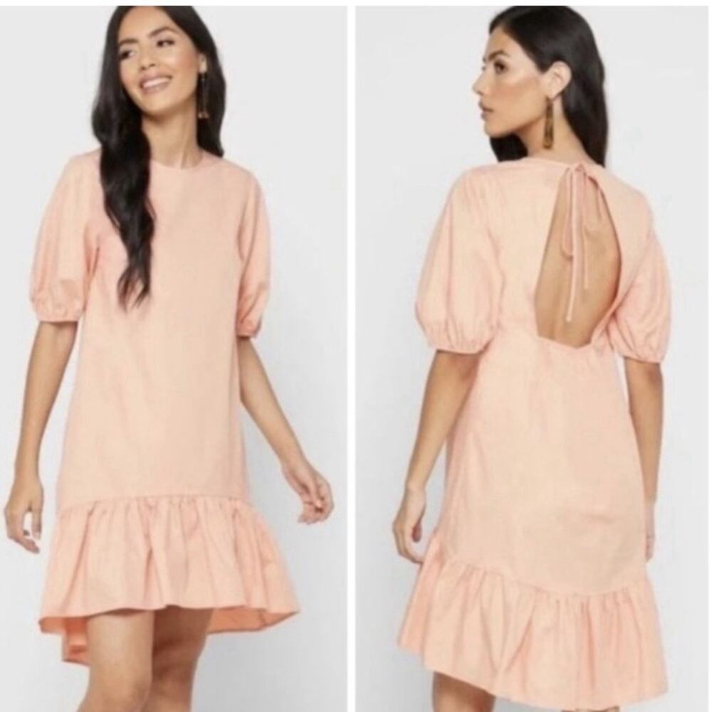 Topshop Peach Pink Cotton Poplin Open Back Tie Puff Sleeve Ruffle Dress size 6